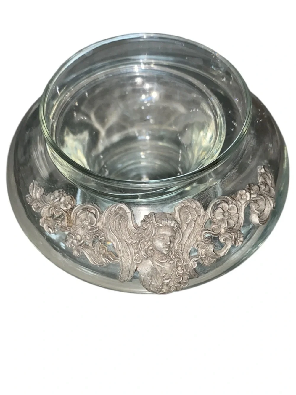 vintage 90s  Pewter Angel  Decorative potpourri Glass Trinket Bowl candle holder